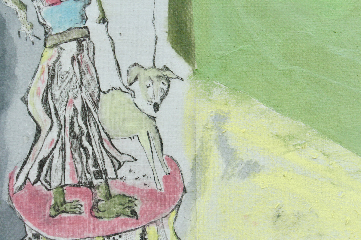 Dinosaur dog walk by Bessie Schofield, original artwork