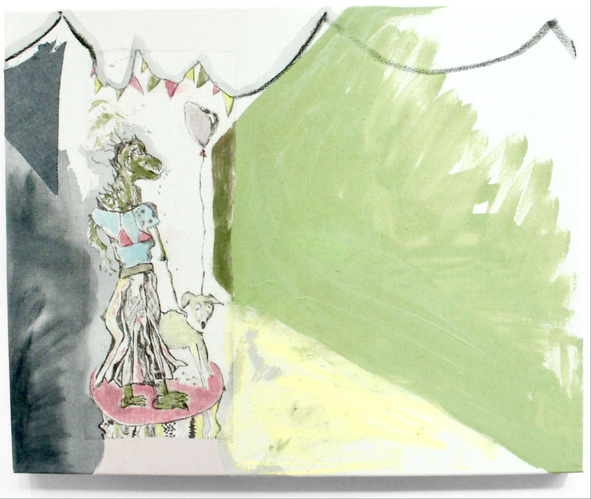 Dinosaur dog walk by Bessie Schofield, original artwork